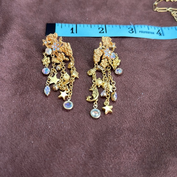 Kirks Folly Long Gold Charm earrings W/Aurora Borealis Crystal moon & star - Picture 8 of 9